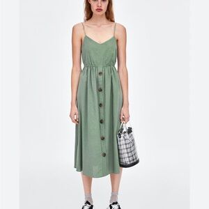 Zara TRF Collection Moss Green Linen Midi Dress Small